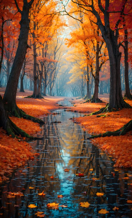 a serene forest scene in autumn, with trees on both sides of a small stream reflecting in the waterの素材