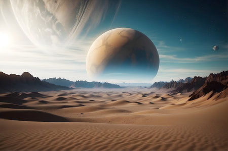 A desert landscape with a large planet in the sky and smaller planets and stars in the background.の素材