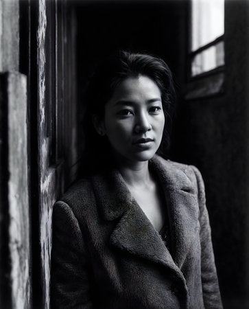 A woman in a fur coat stands in a doorway, looking into the cameraの素材
