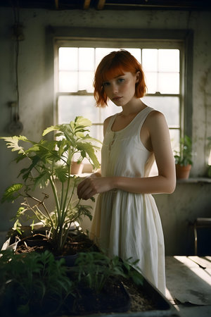 A woman with red hair and a white dress stands next to a potted plant in a sunlit room.の素材