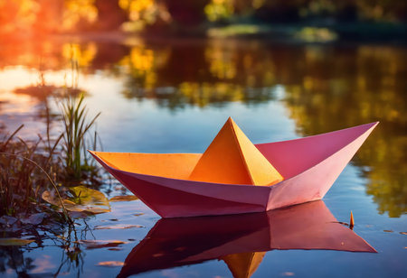 A paper boat floats on a pond with autumn-colored leaves in the background.の素材