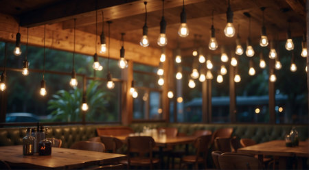 Blurred Restaurant Setting with Festive Bokeh Lightsの素材
