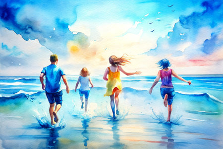 A family of four is running along the beach with the sea and sky as the background.の素材