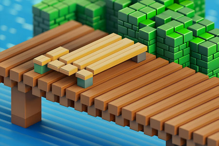 A wooden bench is placed on a wooden platform made of different colored blocks. The background is a blue wave pattern.の素材