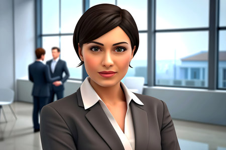 A woman in a business suit stands in a modern office with two men in the background.の素材
