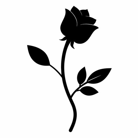 A black rose with a stem. The rose is the main focus of the image. The stem is thin and elongated, and it is the only visible part of the rose. The image is black and white, which gives it a classicのイラスト素材