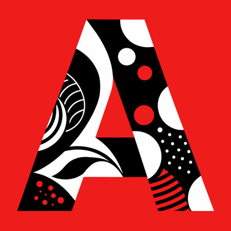 The letter A in black and white with abstract patterns on a red background.のイラスト素材