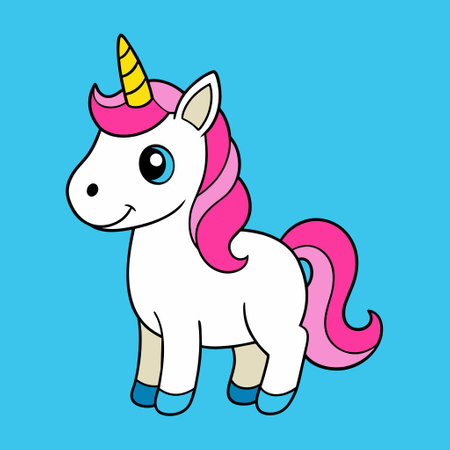 A cartoon unicorn with a pink mane and horn and blue eyes.のイラスト素材