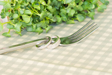 wedding rings and forkの写真素材