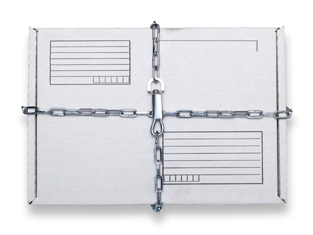 white parcel wrapped in a chain on whiteの写真素材