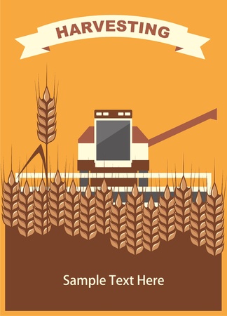 image harvester of cleaning wheat in the card with space for text, vectorのイラスト素材