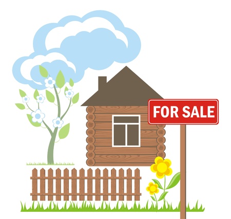wooden house with a sign for saleのイラスト素材