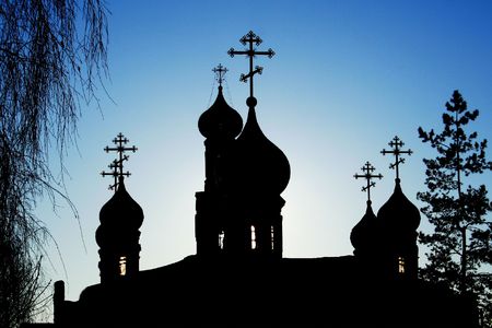Silhouette of orthodox church. Cupolas.