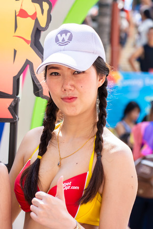 Pattaya, Thailand - May 19, 2018 - Young men and young girls competing in the most sexy outfits on the beach of Pattaya, at Pattaya Bikini Beach Race 2018 at Central Festival Pattaya beachのeditorial素材