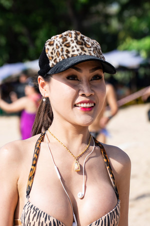 Pattaya, Thailand - May 19, 2018 - Young men and young girls competing in the most sexy outfits on the beach of Pattaya, at Pattaya Bikini Beach Race 2018 at Central Festival Pattaya beachのeditorial素材