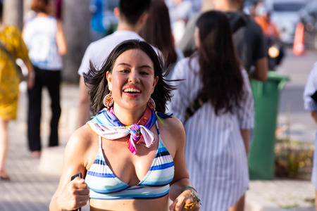 Pattaya, Thailand - May 19, 2018 - Young men and young girls competing in the most sexy outfits on the beach of Pattaya, at Pattaya Bikini Beach Race 2018 at Central Festival Pattaya beachのeditorial素材