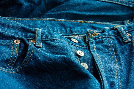 Closeup Of Jeans Texture Background, Lot Of Different Blue Jeans, Texture Of Classic, Space For Text...