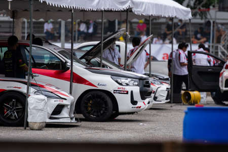 Chiangmai - November 13 : 2021, Toyota Racing car on the track road at high speed, rally sport car run fast on the road during race, high speed in Toyota Gazoo Racing Motorsport Thailand event in 700year Stadium, Chiangmai, Thailandのeditorial素材