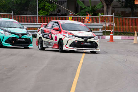 Chiangmai - November 13 : 2021, Toyota Racing car on the track road at high speed, rally sport car run fast on the road during race, high speed in Toyota Gazoo Racing Motorsport Thailand event in 700year Stadium, Chiangmai, Thailandのeditorial素材