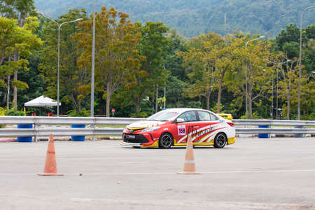 Chiangmai - November 13 : 2021, Toyota Racing car on the track road at high speed, rally sport car run fast on the road during race, high speed in Toyota Gazoo Racing Motorsport Thailand event in 700year Stadium, Chiangmai, Thailandのeditorial素材