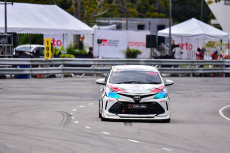 Chiangmai - November 13 : 2021, Toyota Racing car on the track road at high speed, rally sport car run fast on the road during race, high speed in Toyota Gazoo Racing Motorsport Thailand event in 700year Stadium, Chiangmai, Thailandのeditorial素材