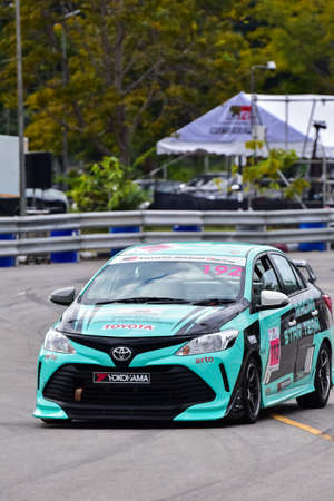 Chiangmai - November 13 : 2021, Toyota Racing car on the track road at high speed, rally sport car run fast on the road during race, high speed in Toyota Gazoo Racing Motorsport Thailand event in 700year Stadium, Chiangmai, Thailandのeditorial素材