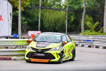 Chiangmai - November 13 : 2021, Toyota Racing car on the track road at high speed, rally sport car run fast on the road during race, high speed in Toyota Gazoo Racing Motorsport Thailand event in 700year Stadium, Chiangmai, Thailandのeditorial素材