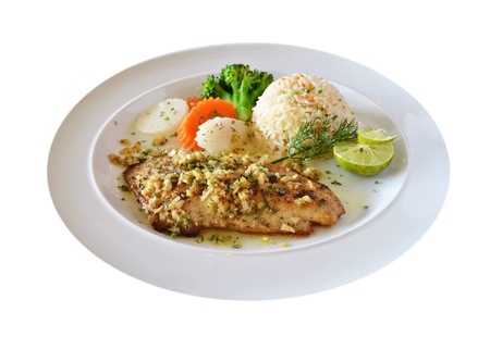 roasted fish served with fried rice の写真素材