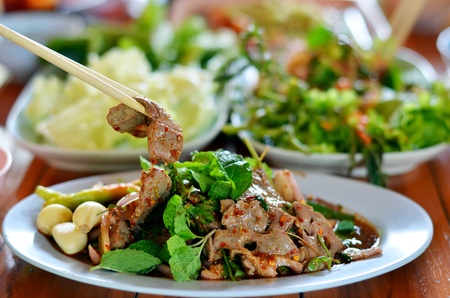spicy sliced liver salad, is a Northeastern food of Thailandの写真素材