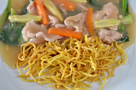 crispy yellow noodle with in a creamy gravy sauceの写真素材