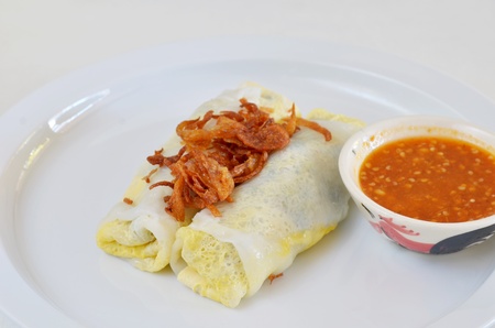 Vietnamese rice noodle rolls with a filling of pork sliced and egg ,  fried onion on white dishの写真素材