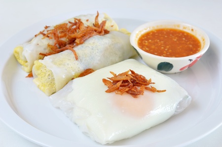 mixed vietnamese rice noodle rolls with a filling of pork sliced and egg ,  fried onionの写真素材