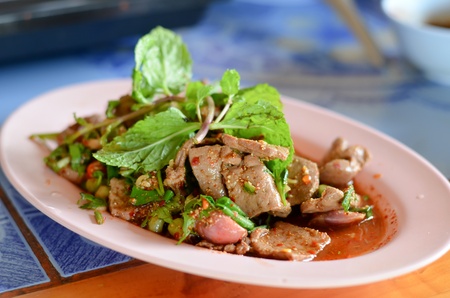 mixed  fresh vegetable and steamed liver , Thai spicy saladの写真素材