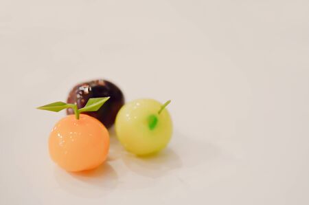 three marchpane fruit cake , delicious dessetの写真素材