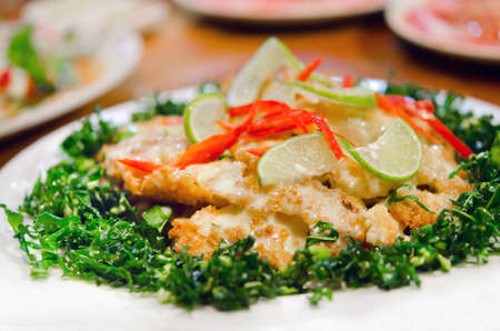 crispy chicken with lemon sauce  , Thai style foodの写真素材