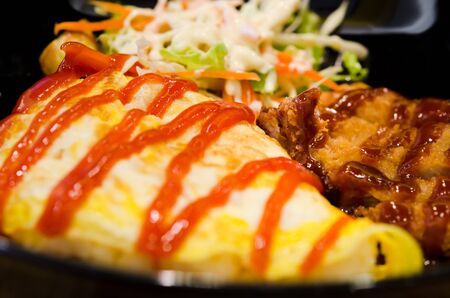 pork flavoured rice wrapped with fried egg and special sauceの写真素材