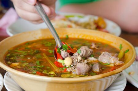chicken innards , premature eggs and guts soup , hot and spicyの写真素材