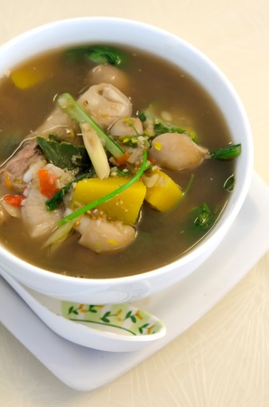 top view spicy  soup made from pork , spices and vegetablesの写真素材