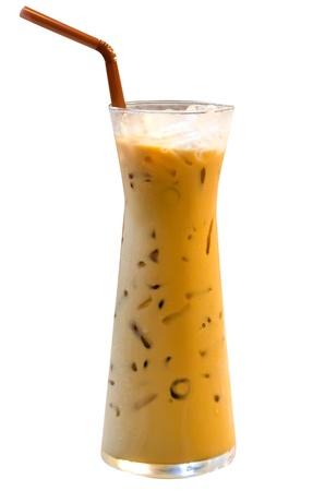  ice coffee  with  drinking straw over white background .の写真素材