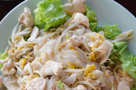Top view Fried Noodles with chicken , egg and vegetableの写真素材
