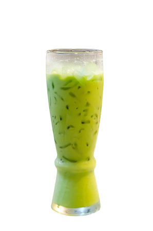 iced milk green tea over white backgroundの写真素材