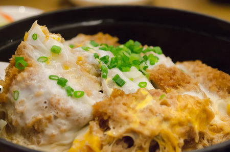 close up  pork cutlet , vegetable and egg on rice , japanese Katsudonの写真素材