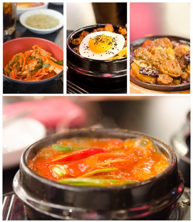 Collage from photographs of korean cuisine   kimchi chigae, jim dak, bibimbap, kimchi の写真素材