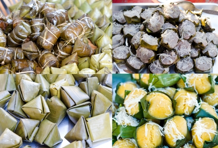 Collage from photographs of thai dessert    Sweet sticky rice in banana leaf package ,made from sugar and coconut, banana rice  の写真素材