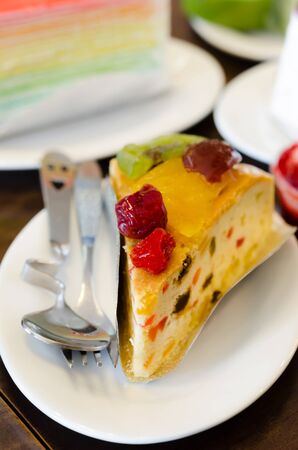 close up piece of delicious fruit a cakeの写真素材
