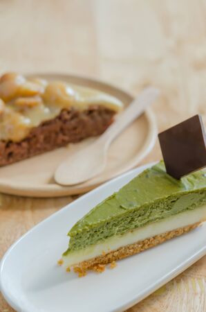 green tea ( Matcha ) cheese cake with chocolateの写真素材