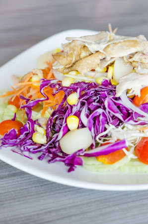 close up chicken and fresh vegetable salad with creamy sauceの写真素材