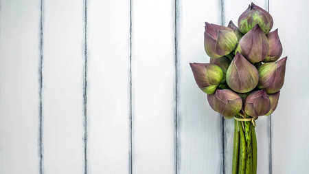 top view of pink water lily over wooden background,  Free space for textの写真素材