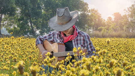 Asian farmer sitting in his bright yellow field with guitarの写真素材