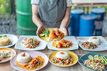 full set of asian food on table ready to eatの写真素材